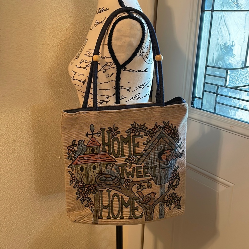 Home Tweet Home birds & Birdhouse Print Tote Bag w/wooden beads on1 strap